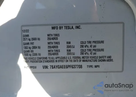2023 Tesla Model Y Awd/Long Range Dual Motor All-Wheel Drive from USA, damaged, VIN 7SAYGAEE6PF637708
